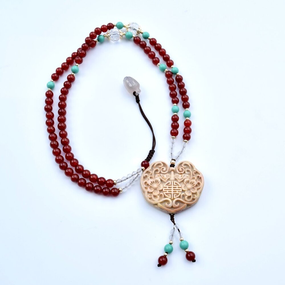 Yellow Flora Lock Pendant Braided Necklace - Colorful Jasper - Red Agate Beaded